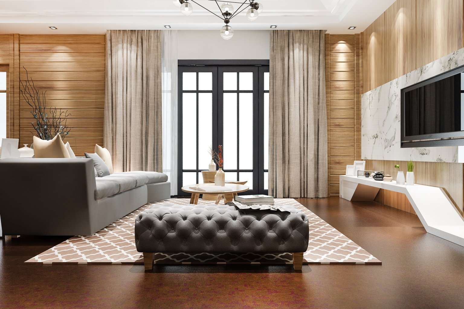 Sala contemporánea con cortinas de piso a techo