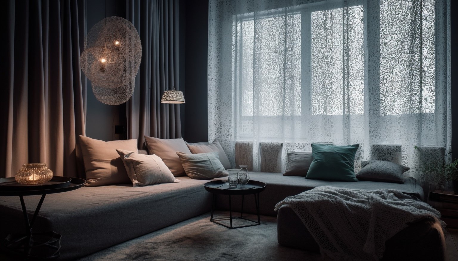 Sala elegante con cortinas y textiles decorativos